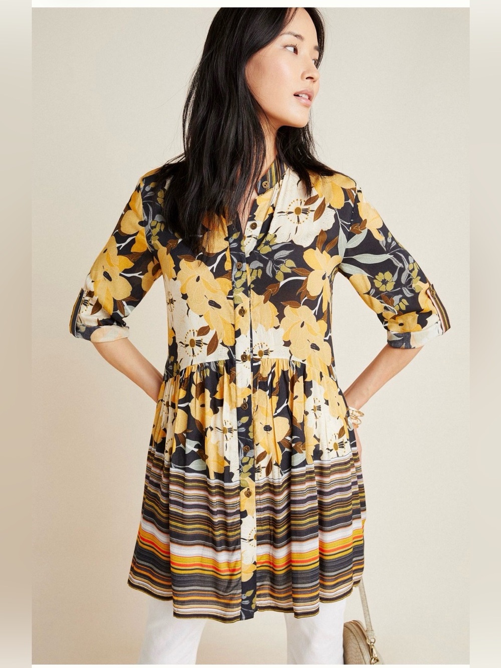 Anthropologie Bl^nk London Floral Striped Tiered Button Tunic Dress Medium